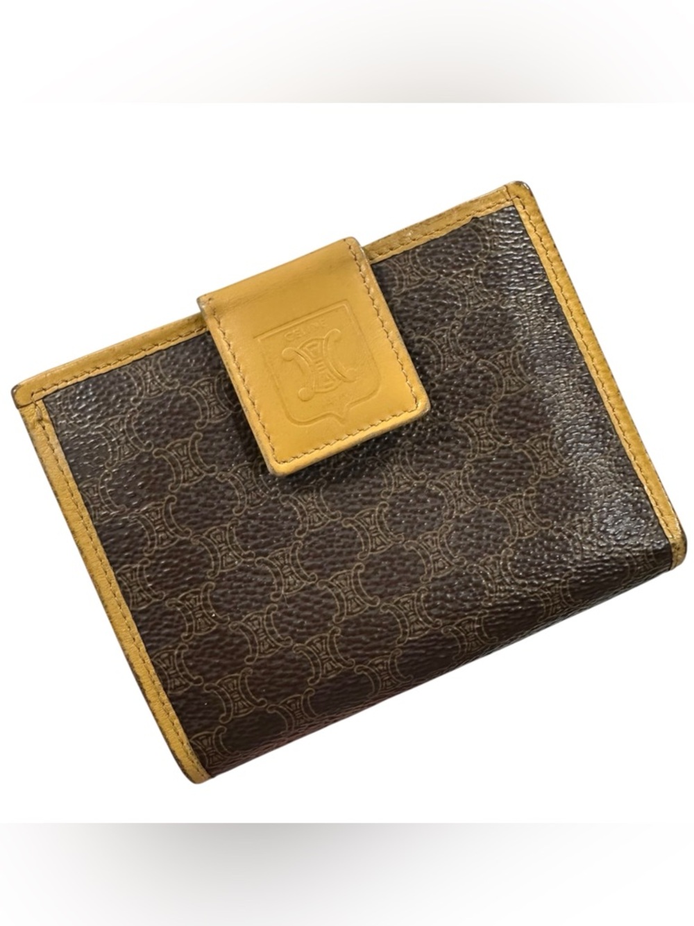 Celine Brown Macadam & Mustard Yellow Leather Compact Kisslock Bifold Wallet - Picture 2 of 14